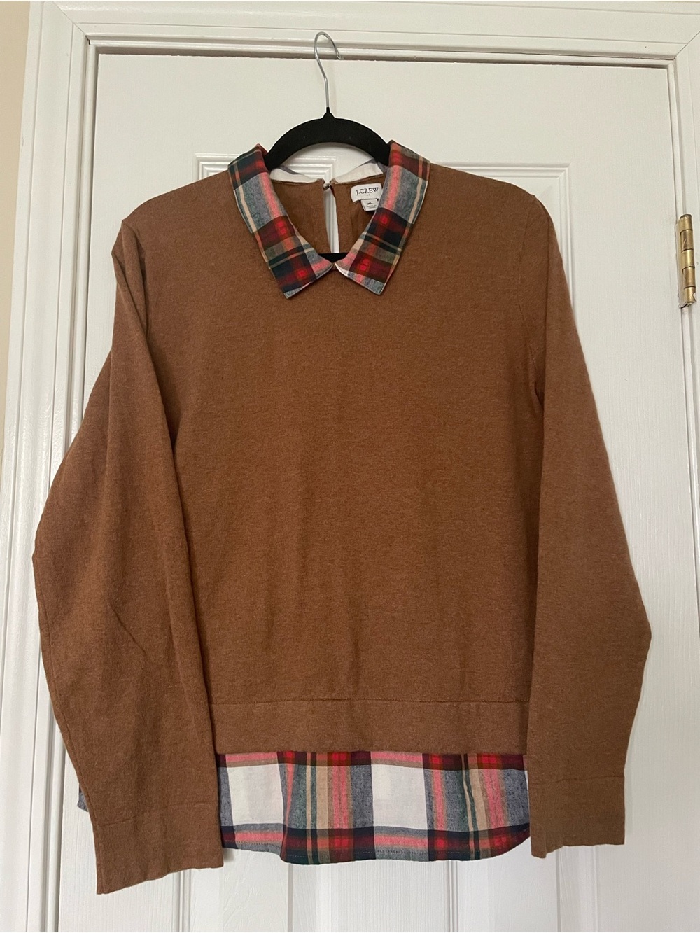 J. Crew Brown Crewneck Sweater with Red & Green Plaid Trim 100% cotton